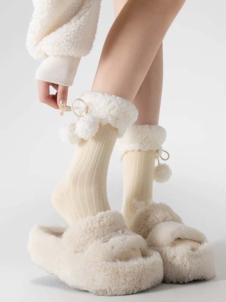 Fleece Pompom Crew Socks