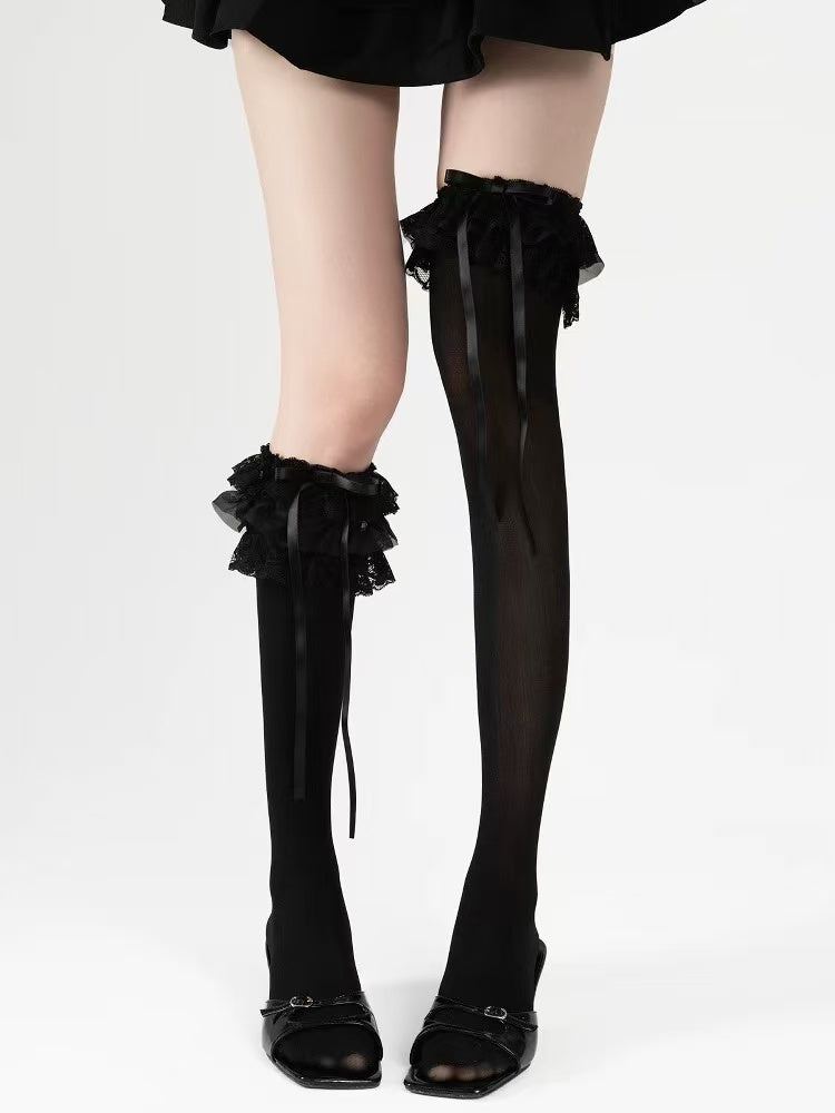 Sheer Layered Ruffle Bow Tie Thigh/Knee Highs