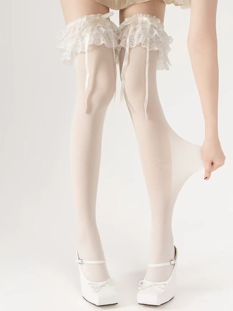 Sheer Layered Ruffle Bow Tie Thigh/Knee Highs