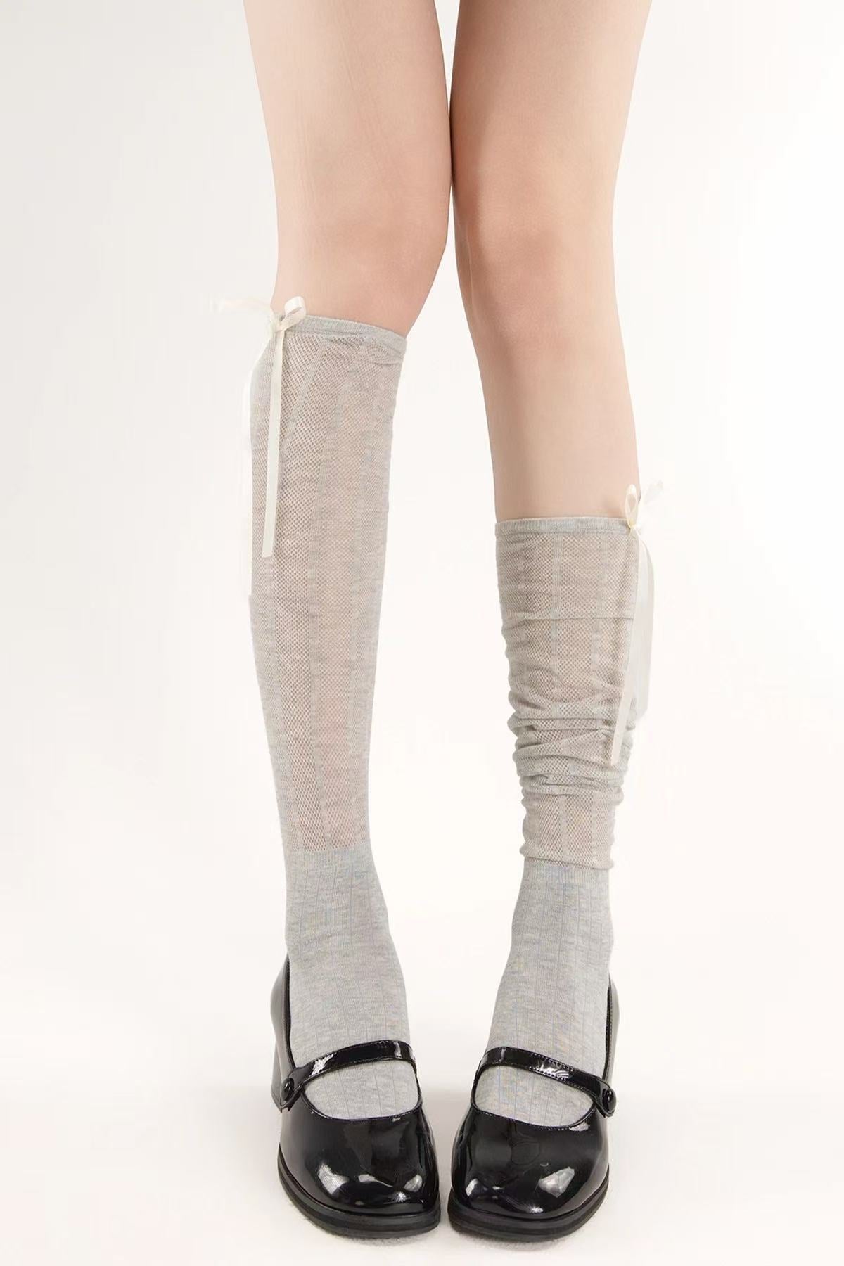 Striped Mesh Bow Tie Slouch Knee Highs