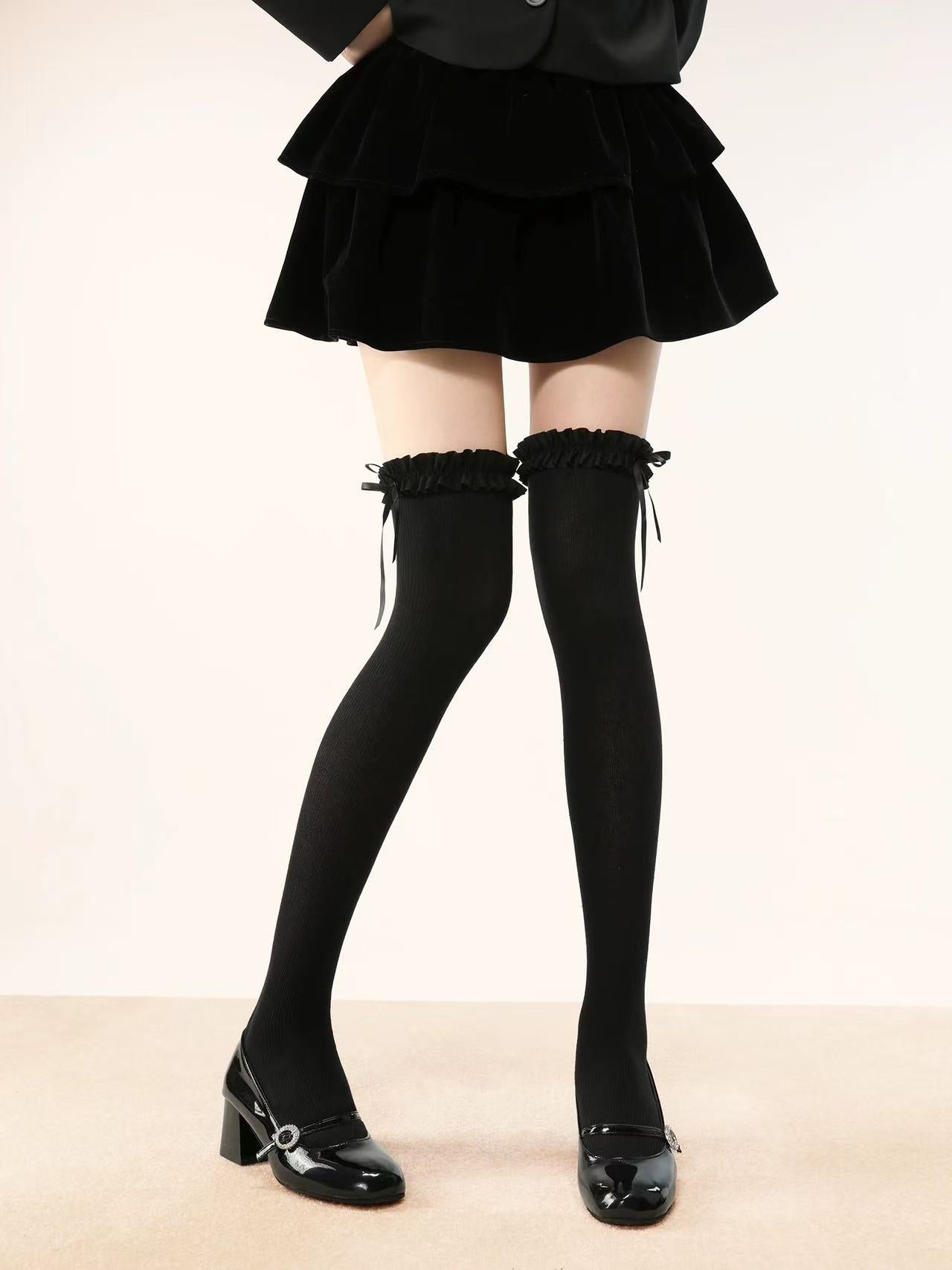 Ruffle Bow Tie Knitted Thigh Highs