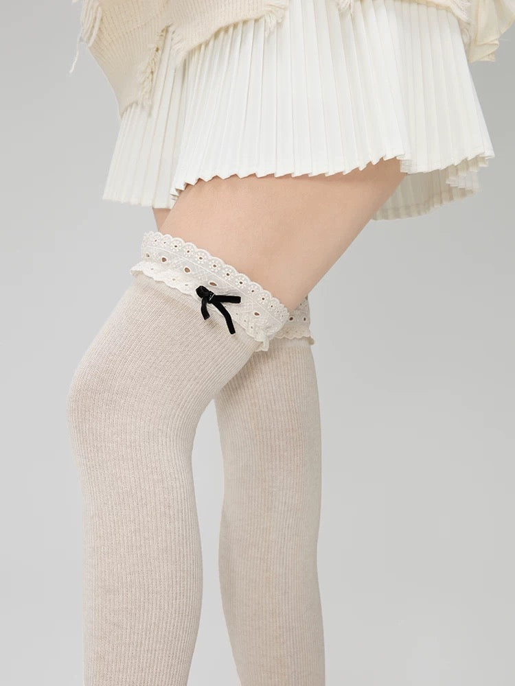 Lace Ruffle Bow Tie Knitted Thigh Highs