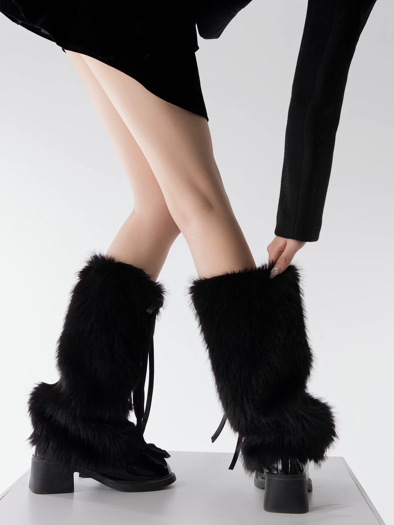 Faux Rabbit Fur Leg Warmers with Ribbons