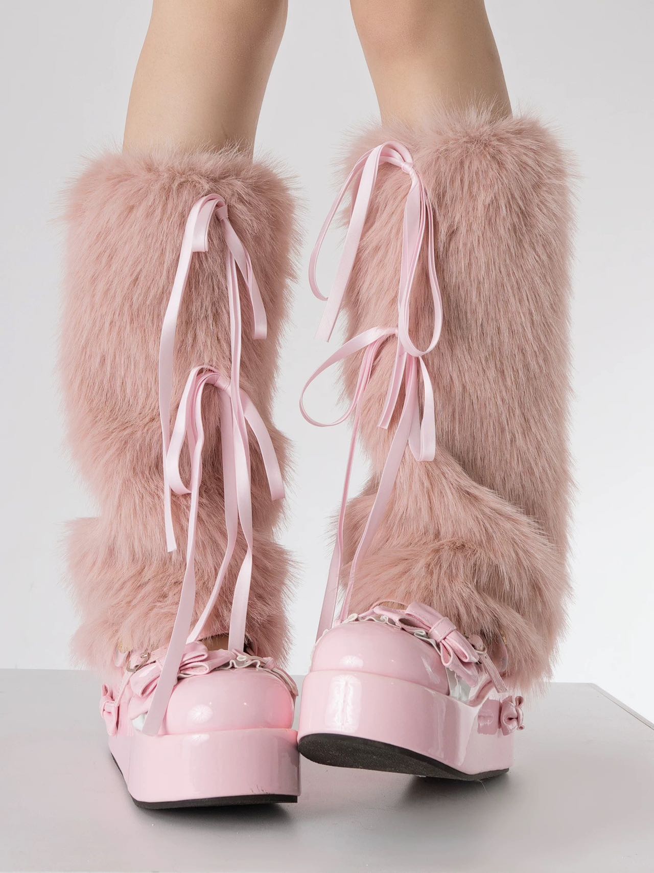 Faux Rabbit Fur Leg Warmers with Ribbons