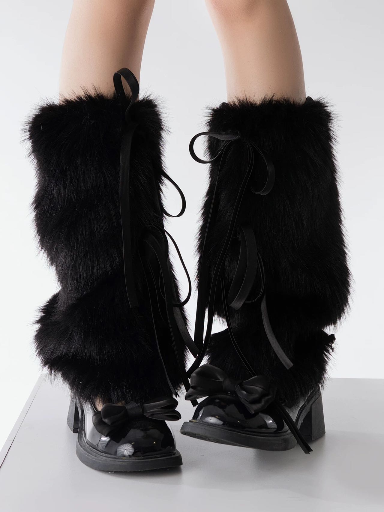 Faux Rabbit Fur Leg Warmers with Ribbons