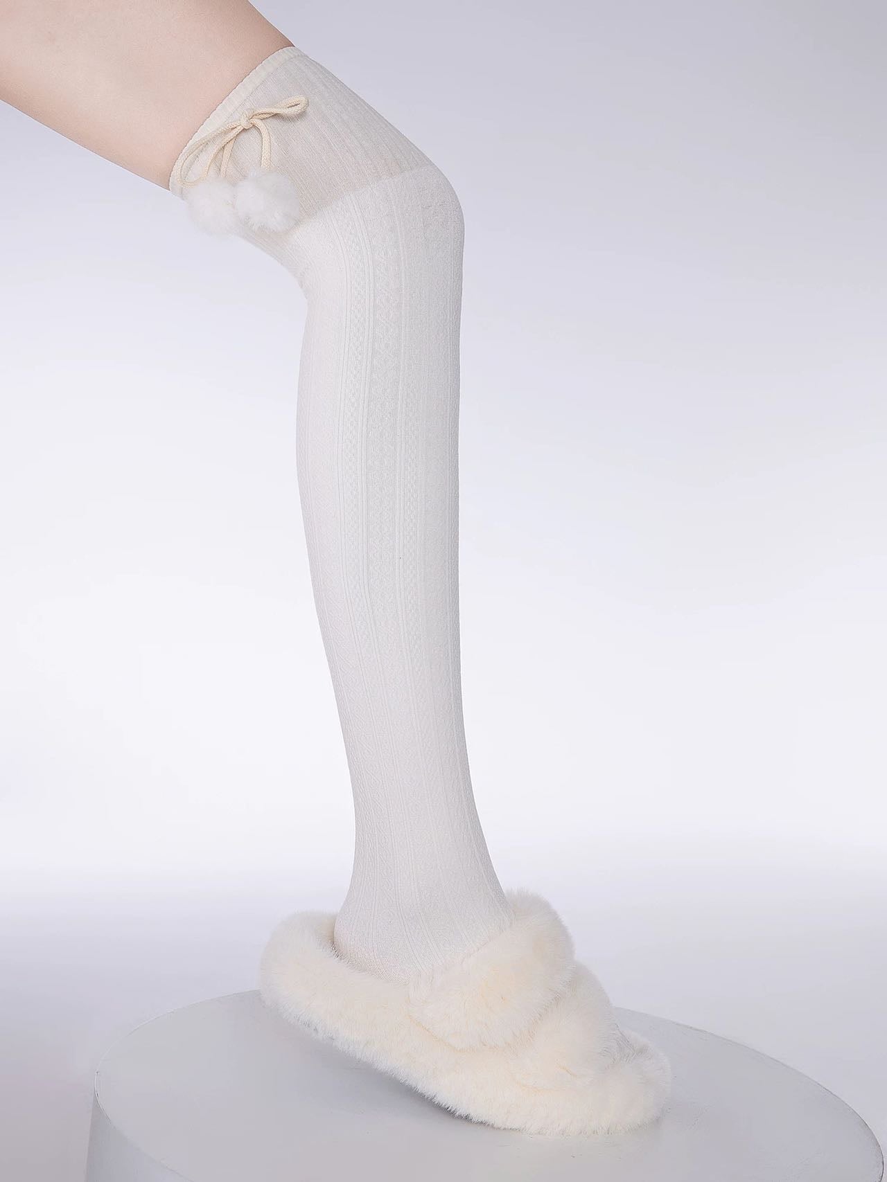 Striped Knitted Pompom Thigh Highs