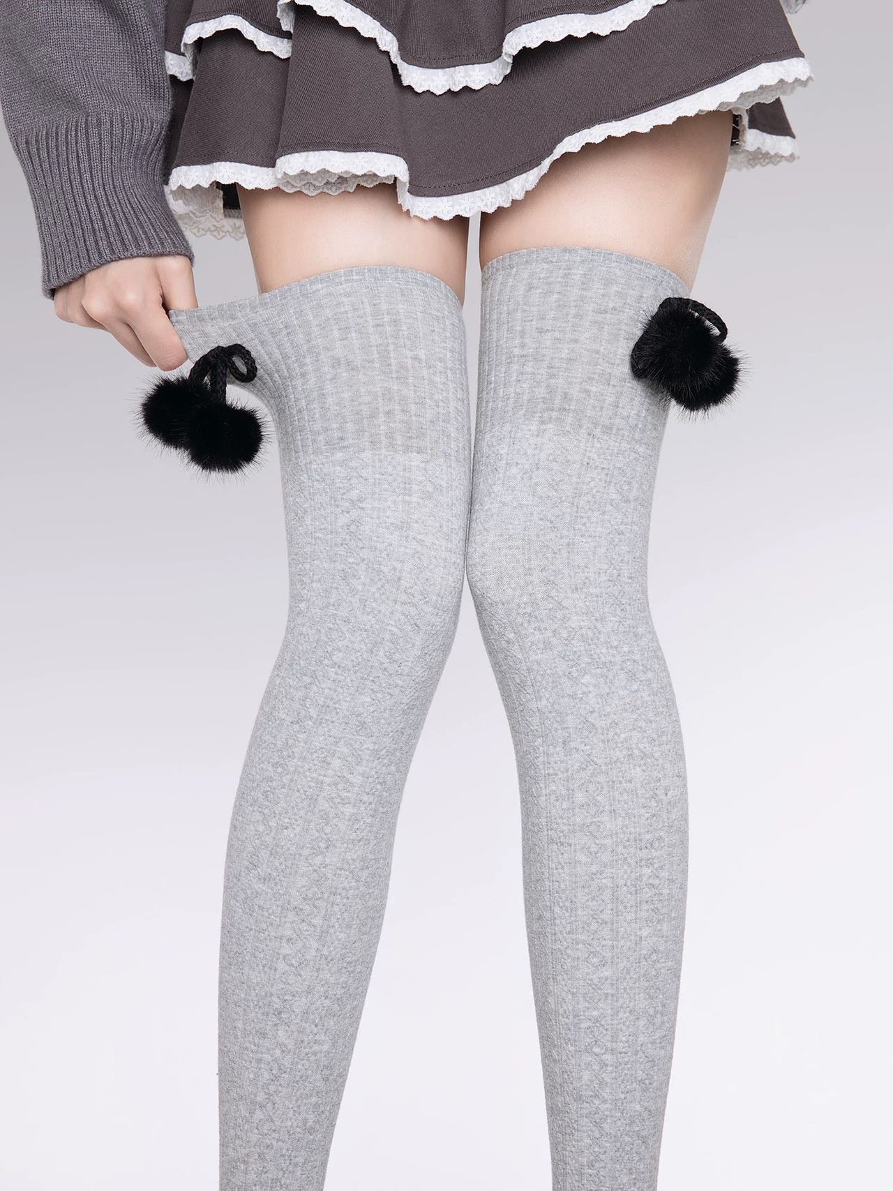 Striped Knitted Pompom Thigh Highs