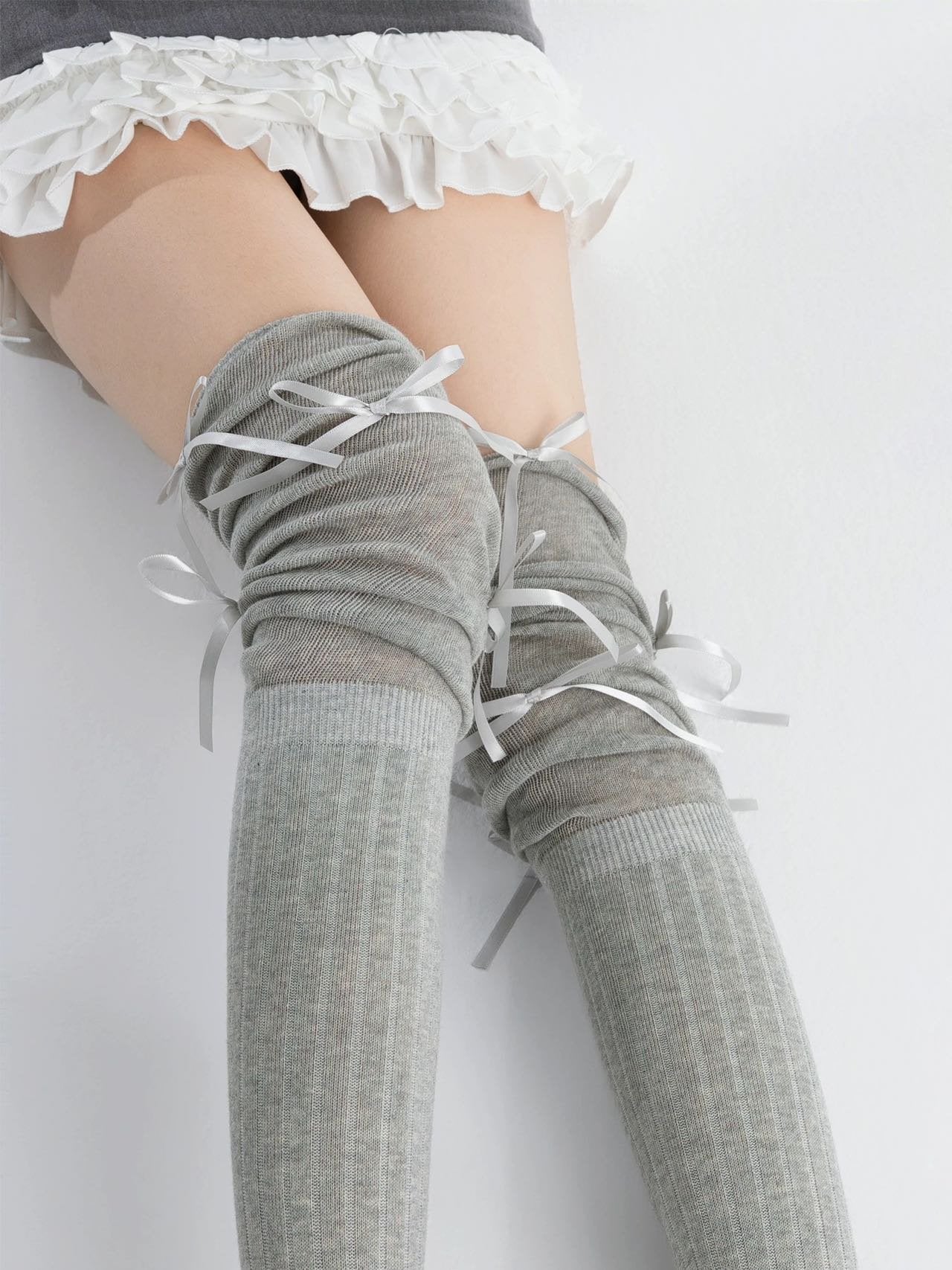 Spliced Cotton Thigh Highs with Ribbon image 3