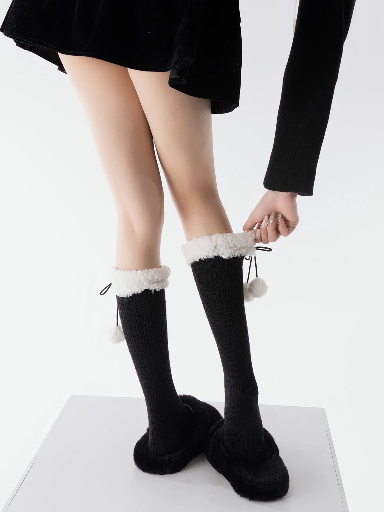 Pompom Fleece Knee High Socks