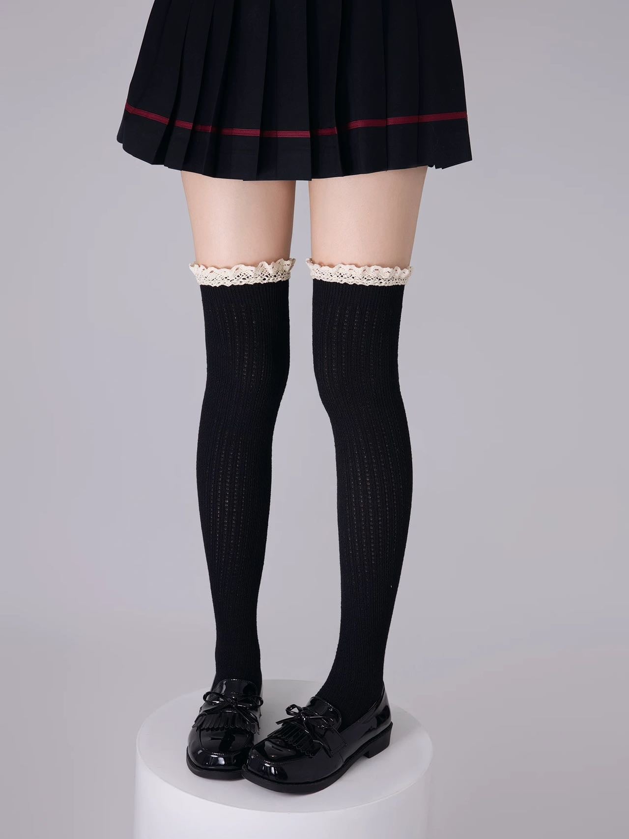 Lace Ruffle Striped Knitted Thigh Highs