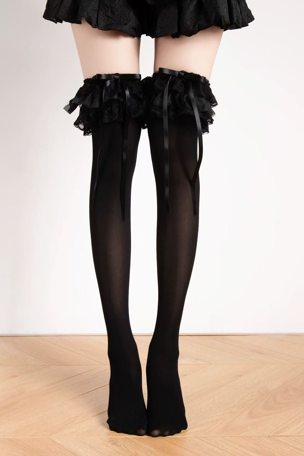 Sheer Layered Ruffle Bow Tie Thigh/Knee Highs