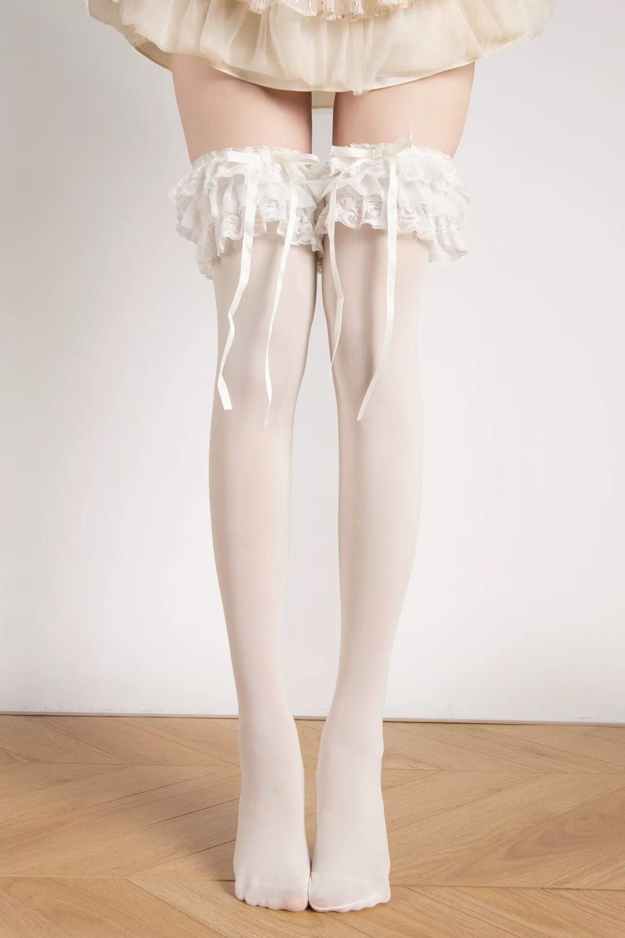 Sheer Layered Ruffle Bow Tie Thigh/Knee Highs