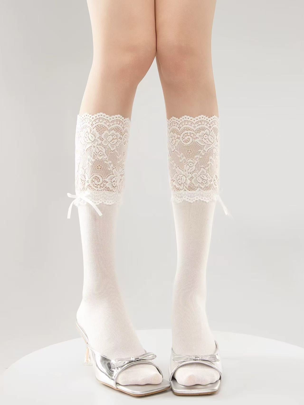 Spliced Lace Ruffle Trim Knee Highs