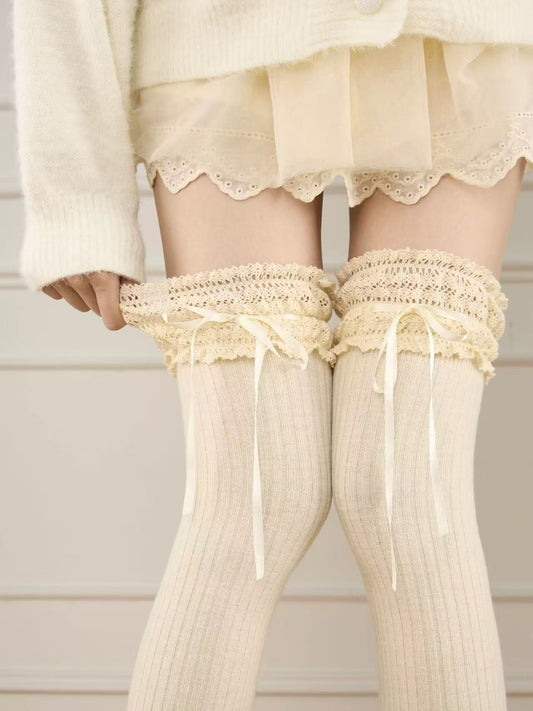 Lace Ruffle Striped Knitted Thigh Highs