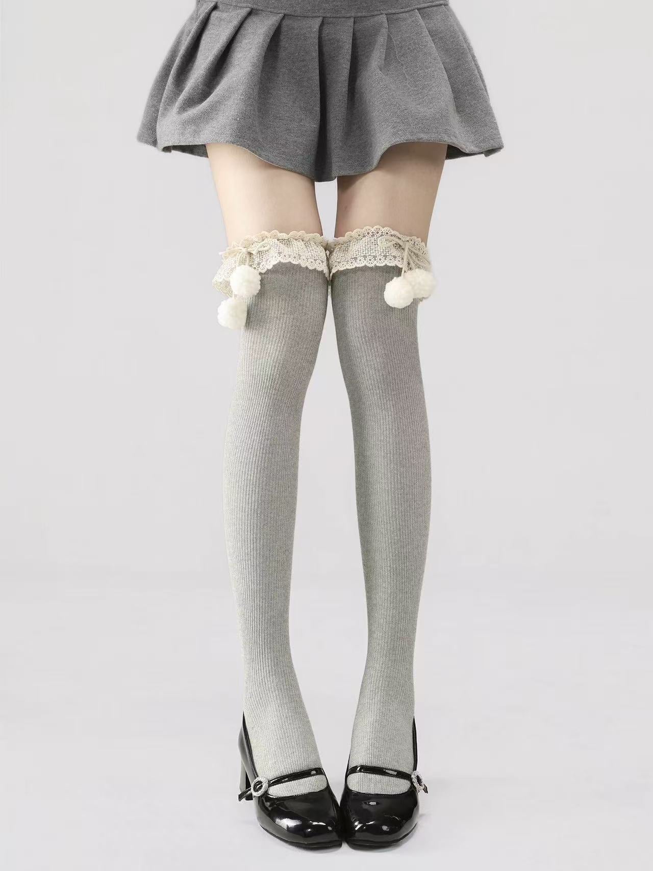 Pompom Lace Ruffle Knitted Thigh Highs