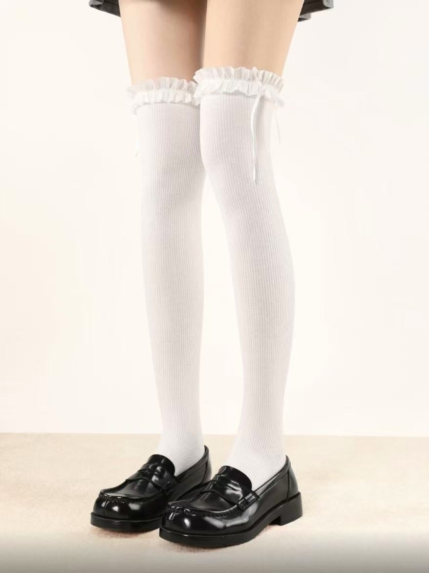 Ruffle Bow Tie Knitted Thigh Highs