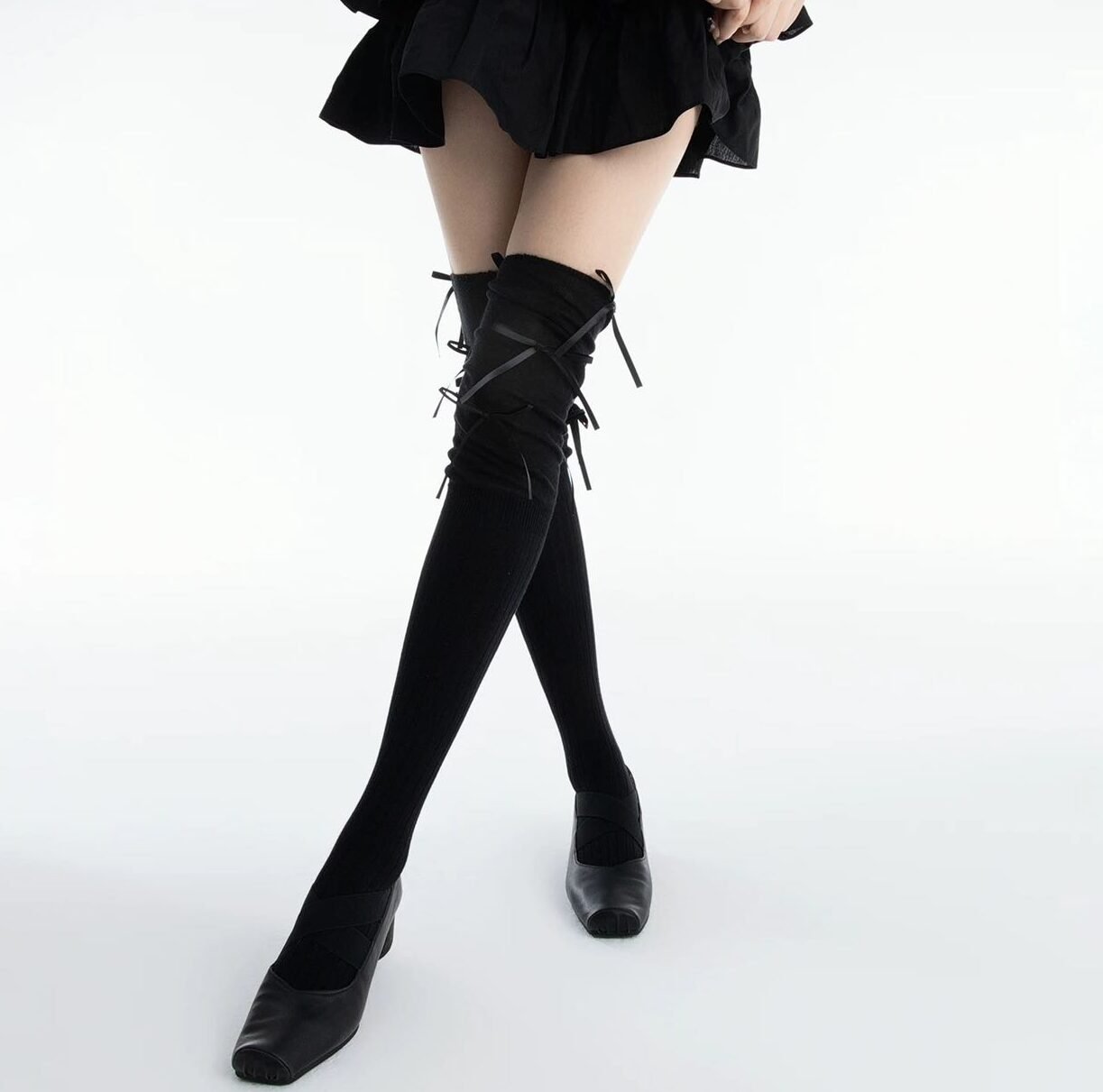 Spliced Cotton Thigh Highs with Ribbon image 4