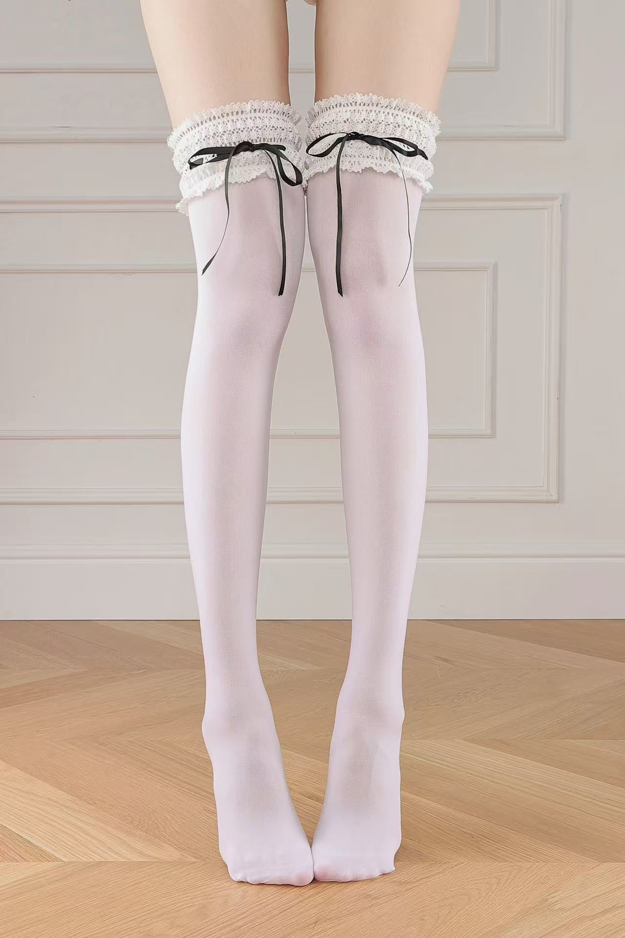 White Ruffle Ribbon Thigh Highs/Knee Highs/Socks