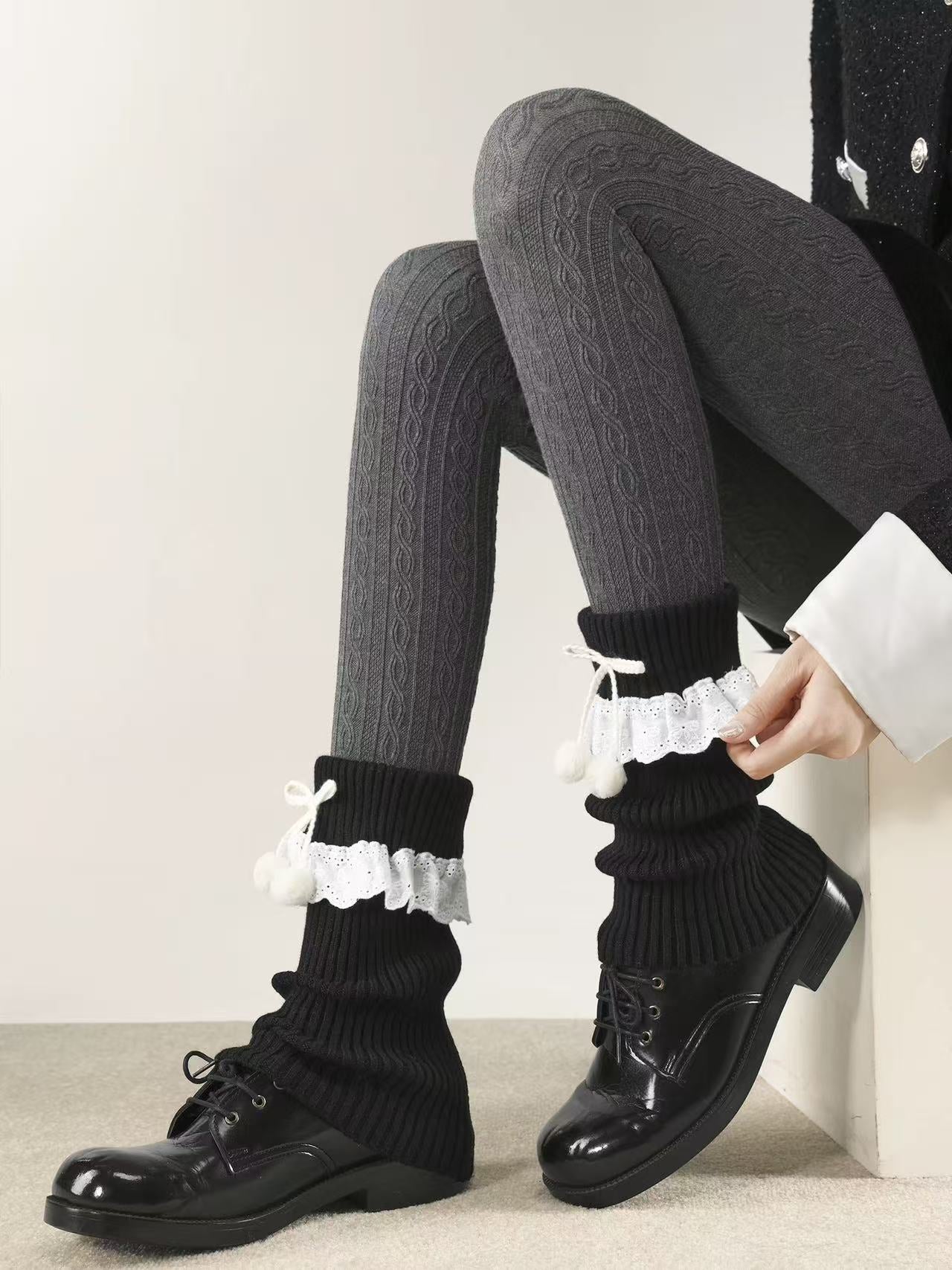 Lace Ruffle Pompom Leg Warmers