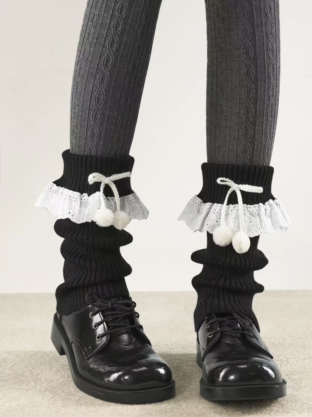 Lace Ruffle Pompom Leg Warmers