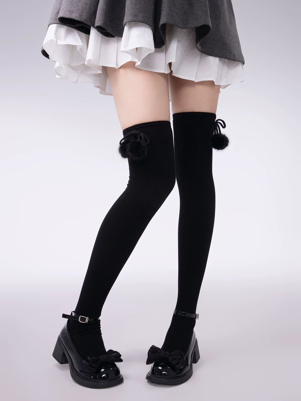 Striped Knitted Pompom Thigh Highs
