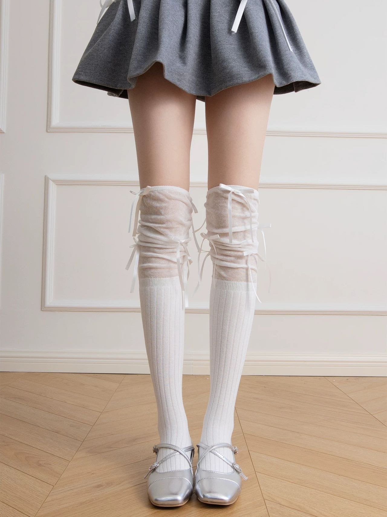 Spliced Cotton Thigh Highs with Ribbon image 2