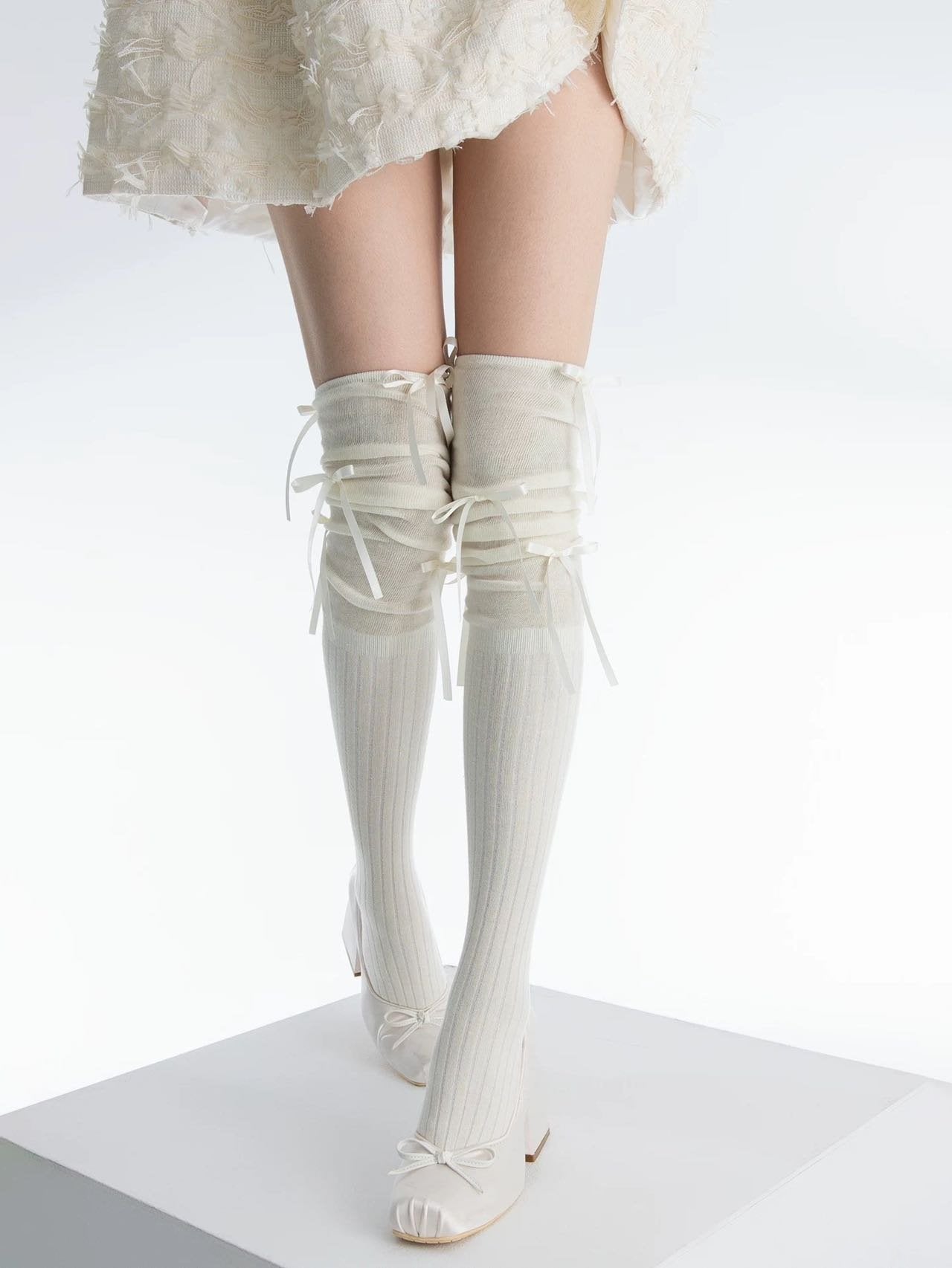Spliced Cotton Thigh Highs with Ribbon image 0